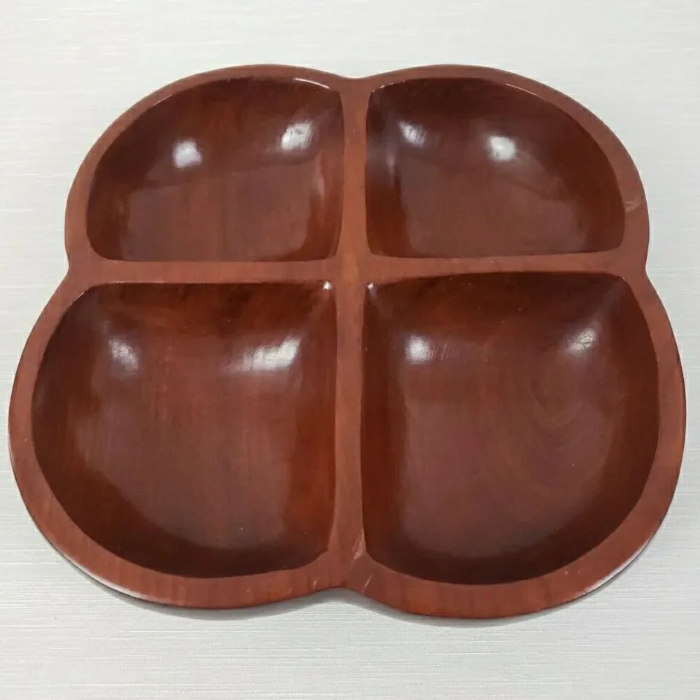 Carib Craft Lacquered Mahogany Divided Snack Nut Dish Serving Bowl VTG MCM